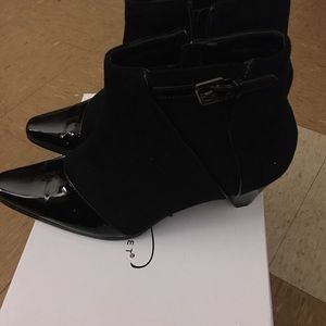 Womens black patent and suede ankle booties